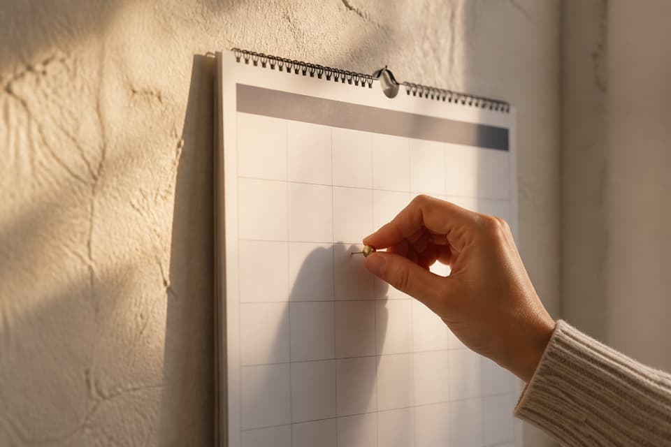 Hand setzt eine Markierung im Kalender — Termin aus der Mail