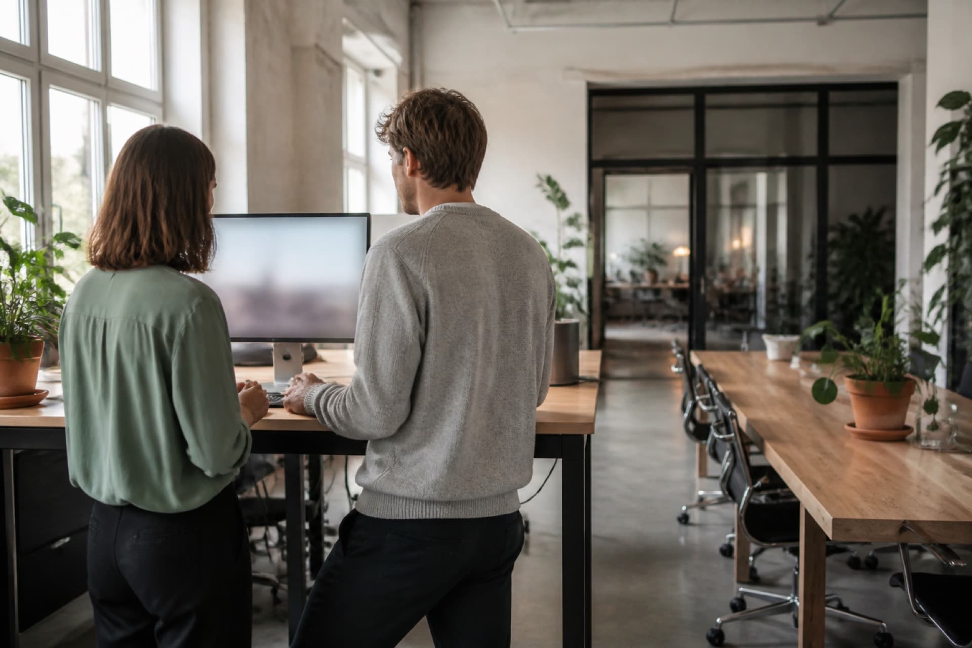Zwei Personen am gemeinsamen Tisch mit Laptop und Briefablage
